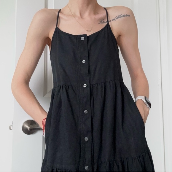 GAP Black Linen Blend Tiered Midi Dress XXS | XS Spaghetti Strap - Picture 6 of 12